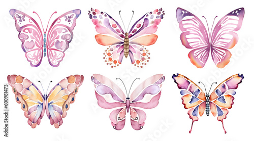 Watercolor colorful butterflies, isolated on white background. Pink and yellow butterfly spring illustration.