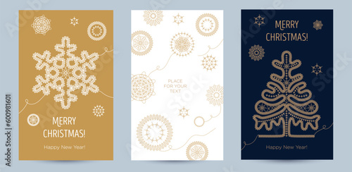 Concept set of greeting card with snowflakes and festive decor. Golden lacy snowflakes and Christmas tree on a different background. New Year's design template. Vector flat. Vertical format
