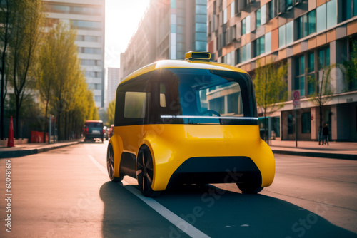 Generative Ai illustration of a Autonomous futuristic cab carrying a person on a city street