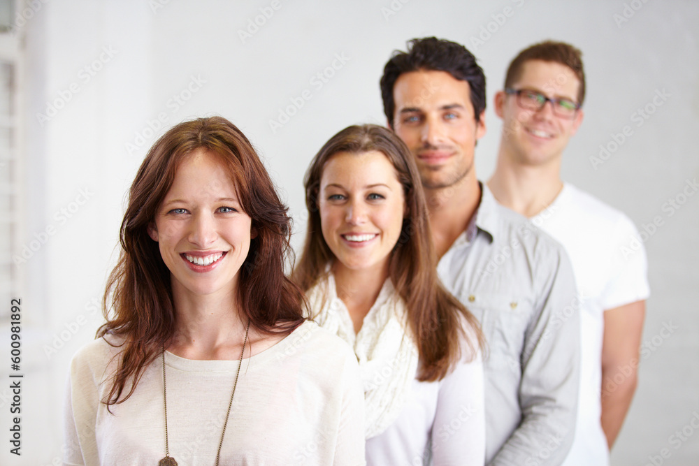 Portrait, group and business people in a row with leadership in office workplace together. Smile, friends and employees standing in line or queue with teamwork, collaboration or solidarity in company Portrait, group and business people in a row with leadership in office workplace together. Smile, friends and employees standing in line or queue with teamwork, collaboration or solidarity in company
