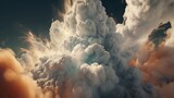 Huge explosion, spherical dust cloud, disaster landscape.