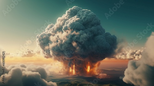 Huge explosion, spherical dust cloud, disaster landscape.