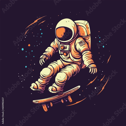 Astronaut skater character in spacesuit playing skateboard Vintage logo badge vector illustration for t shirt and poster design