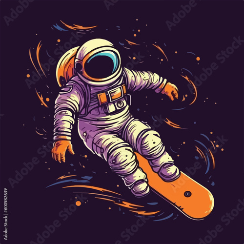 Astronaut skater character in spacesuit playing skateboard Vintage logo badge vector illustration for t shirt and poster design