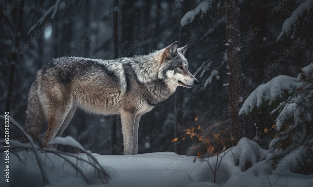 Fototapeta premium Photo of gray wolf showcasing its wild spirit as it prowls through a snowy forest under soft glow of the moon. lighting highlights wolf's fur & accentuates atmospheric depth of scene. Generative AI