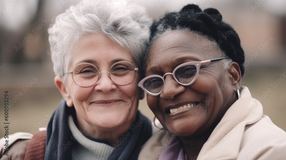 Old women lesbian couple. Black and Caucasian female in love. LGBT pride month celebration generative ai Old women lesbian couple. Black and Caucasian female in love. LGBT pride month celebration generative ai