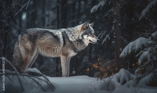 Photo of gray wolf showcasing its wild spirit as it prowls through a snowy forest under soft glow of the moon. lighting highlights wolf's fur & accentuates atmospheric depth of scene. Generative AI