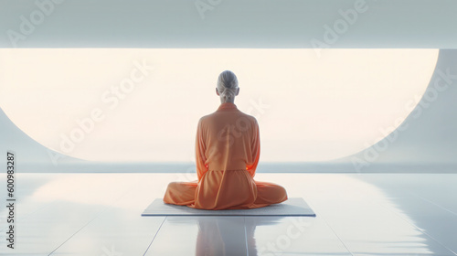 blond woman in orange robe meditating cross-legged from behind in a high-key  salt lake scenery  pastel colored clouds  as banner  background or single image  generative ai