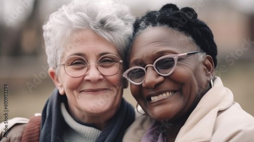 Old women lesbian couple. Black and Caucasian female in love. LGBT pride month celebration generative ai