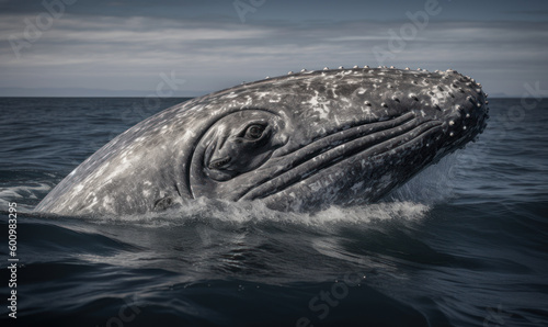 Photo of gray whale majestically breaching the surface of the ocean, portrait accentuates the whale's massive size and iconic mottled gray skin. Generative AI © Bartek
