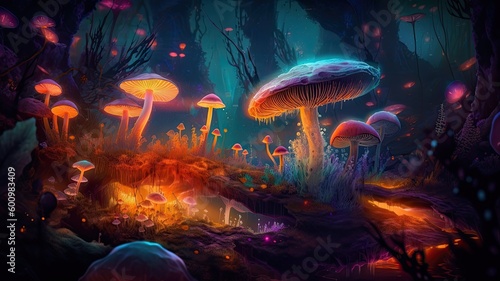 Psychedelic glowing fungus world. Generative  AI  © dDenVil