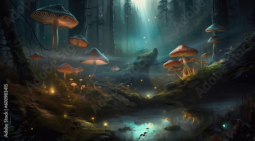Dark mushroom world. Trippy, hallucinogenic. Generative AI 