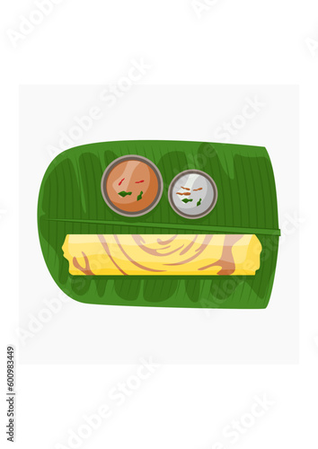 Editable Top View Indian Masala Dosa With Chutney and Sambar on Banana Leaf Vector Illustration for Artwork of Cuisine Related Design With South Asian Culture and Tradition
