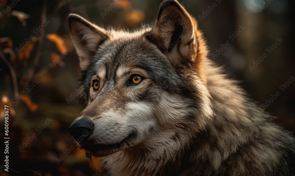close up photo of gray wolf on blurry forest background. Generative AI