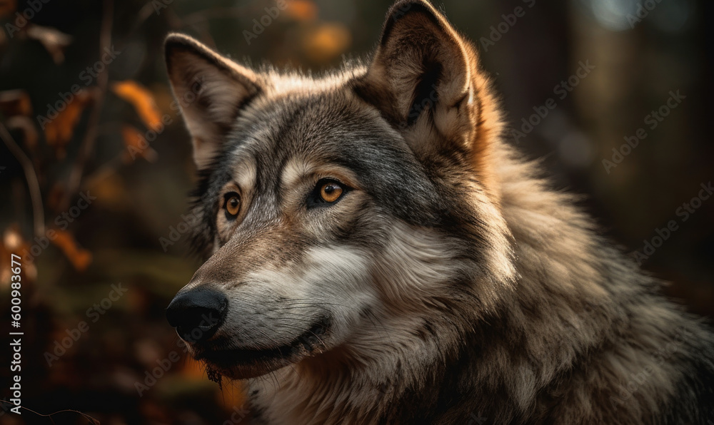 Obraz premium close up photo of gray wolf on blurry forest background. Generative AI