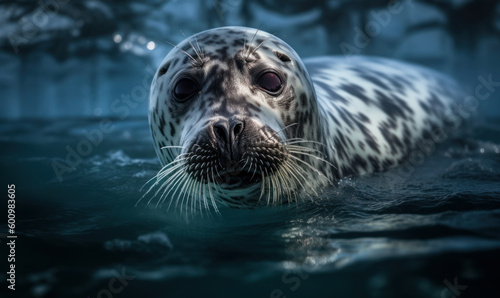 Gray seal floating in the frigid Arctic waters, surrounded by shimmering icebergs & crystal-clear skies. portrait captures essence of gray seal's thick, glistening fur & soulful eyes. Generative AI © Bartek