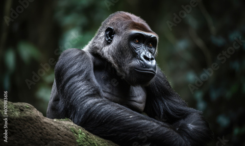 close up photo of gorilla on blurry green jungle background. Generative AI