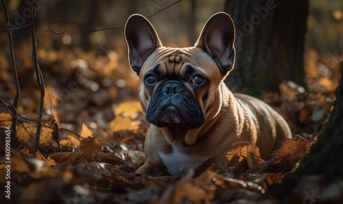 Autumn photo of French Bulldog sitting in a forest full of brown leaves. Generative AI © Bartek