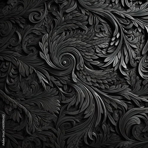 An AI generative black and silver floral pattern featuring detailed craftsmanship, organic sculpting, detailed crowd scenes, ornate calligraphy, realistic detailing, and curvilinear forms