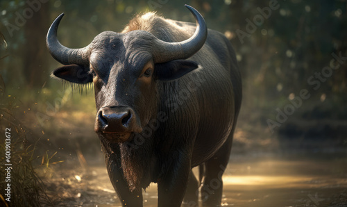 close up photo of gaur (Bos gaurus) on forest background. Generative AI