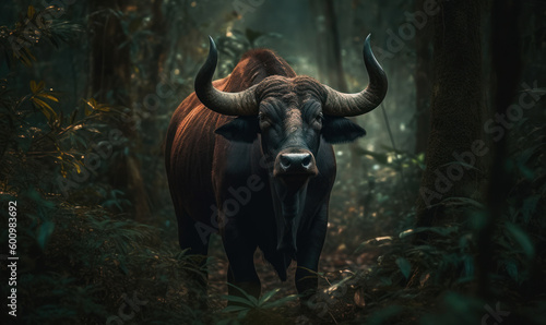 Photo of gaur (Bos gaurus) in all its glory captured in a dense, lush forest, showcasing its massive size, powerful build, and striking features as well as power, beauty, and majesty. Generative AI photo