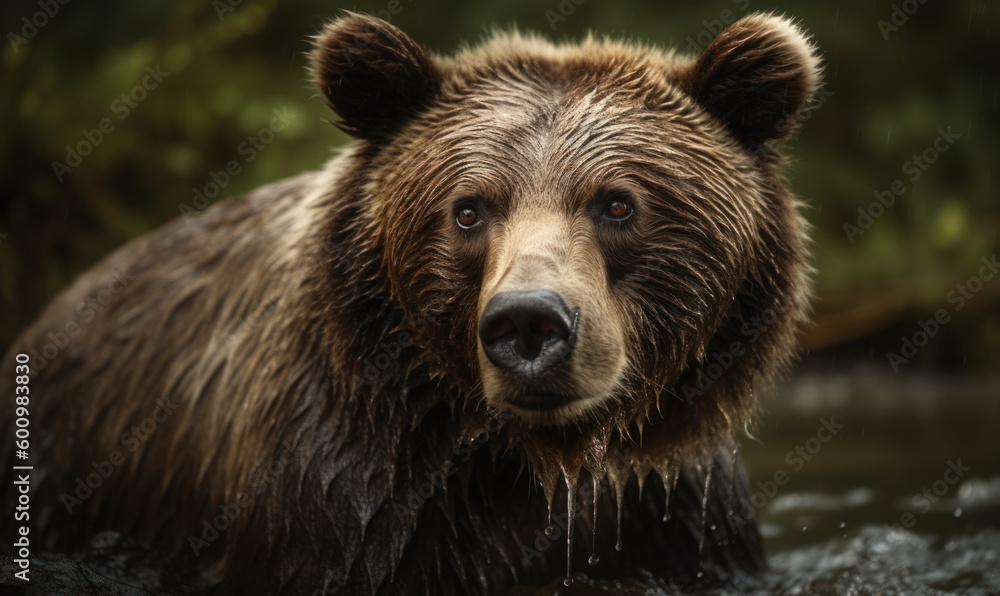 close up photo of wet grizzly bear standing in forest river. Generative AI