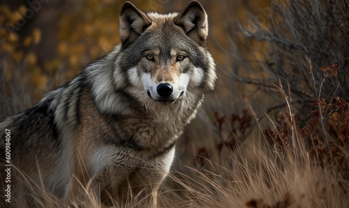 photo of gray wolf in its natural habitat. Generative AI