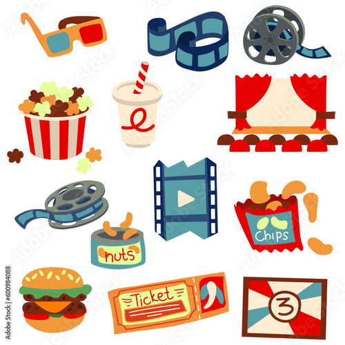 A set of retro movie elements. All elements of a movie theater with fast food for watching a movie. Screen, reel, film, popcorn, 3d glasses, ticket, soda, nuts, chips, hamburger in cartoon style.