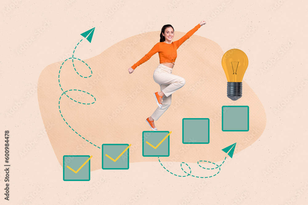 Creative collage image of excited mini girl jump climb check mark stairs big light bulb isolated on beige background Creative collage image of excited mini girl jump climb check mark stairs big light bulb isolated on beige background