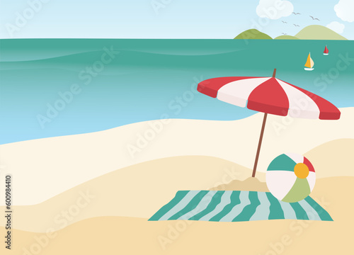 Beach Scenery With Umbrella, Ball And Mat.