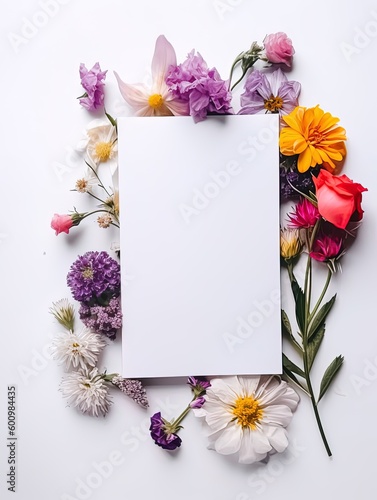 Vertical top view blank card with flowers Abstract organic flowers Blooming floral on white background for invitation card