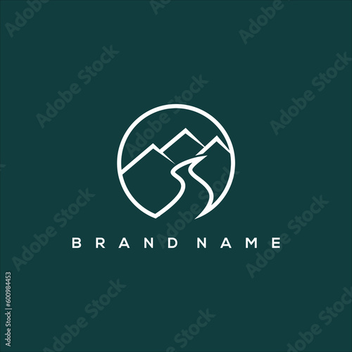 Line art mountain and river in circle vector logo