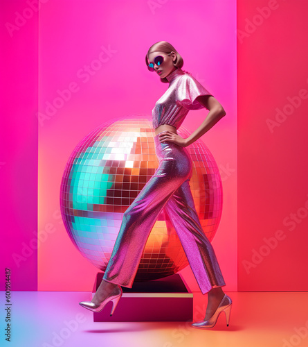 Music party girl on crazy summer party, abstract concept, playing dance music. A futuristic party confetti, balloons, disco balls. Fun youthful atmosphere in the club. Illustration, Generative AI.