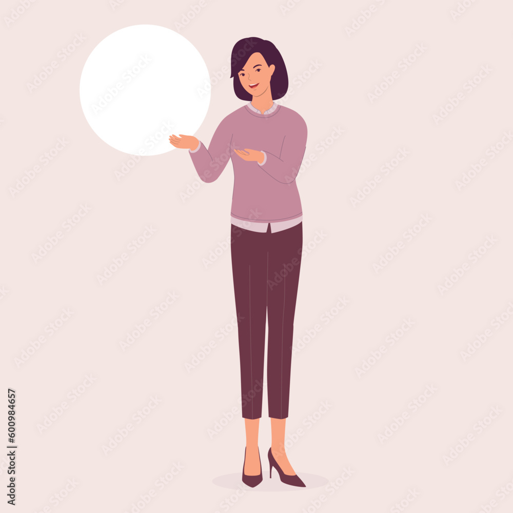 One Smiling Woman With Both Arms Raised Showing A Blank Sign. Full Length. Flat Design Style, Character, Cartoon. One Smiling Woman With Both Arms Raised Showing A Blank Sign. Full Length. Flat Design Style, Character, Cartoon.