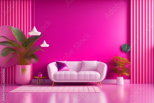 Livingroom in trend viva magenta wall background mockup with sofa furniture and decor.