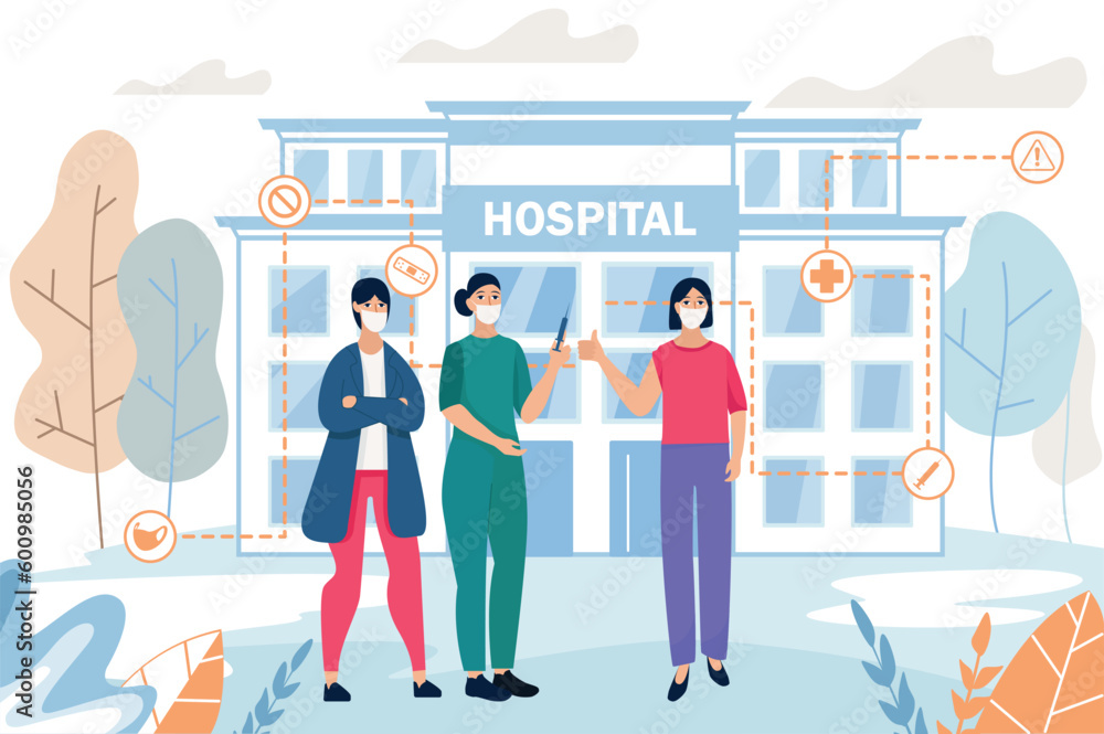 COVID medicine concept with people scene in the flat cartoon design. Woman came to the hospital to take a COVID test. Vector illustration. COVID medicine concept with people scene in the flat cartoon design. Woman came to the hospital to take a COVID test. Vector illustration.