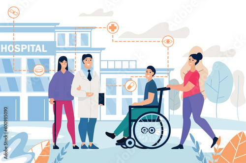 Disabled people medicine concept with people scene in the flat cartoon design. Nurse accompanies a patient in a wheelchair during a walk. Vector illustration.