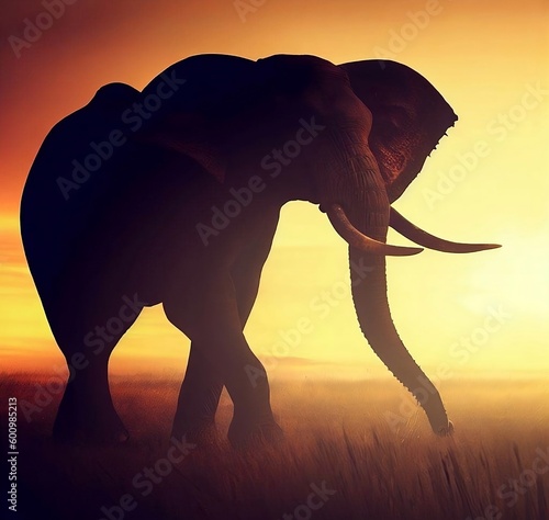 A elephant walking through the savannah, with its tusks silhouetted against the setting sun.