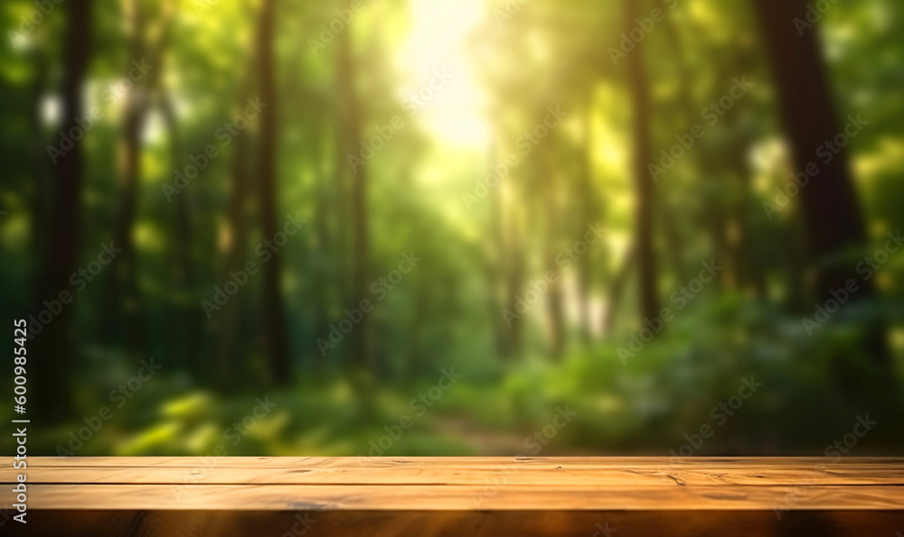 An empty wooden table for product display. blurred nature background Generative AI An empty wooden table for product display. blurred nature background Generative AI