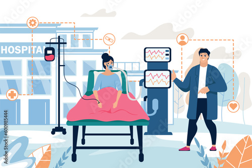 Inhalation medicine concept with people scene in the flat cartoon style. Doctor monitors how the patient inhales. Vector illustration.