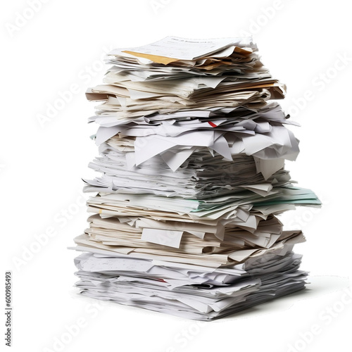 big tall pile of paper on white background