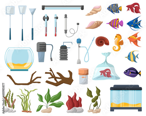Aquarium and fish kit, various types of plants with stones, aquarium equipment, vector illustration
