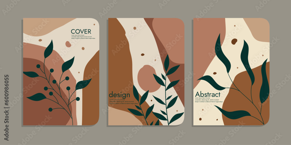Trendy cover set. Cool abstract and floral design. Beautiful botanical pattern. For notebooks, planner diaries, brochures, books, catalogs