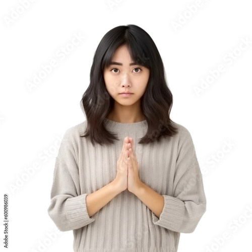 gesture praying Asian woman on isolated background