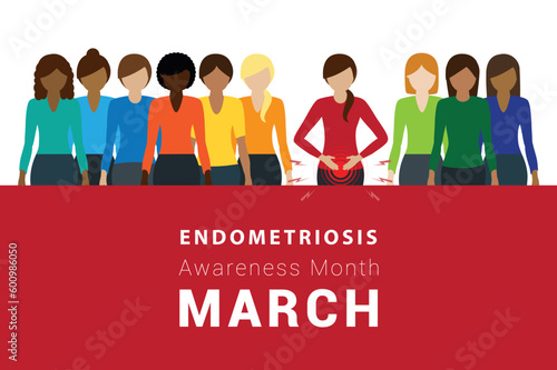 one in ten women has endometriosis illustration of different women one with abdominal pains