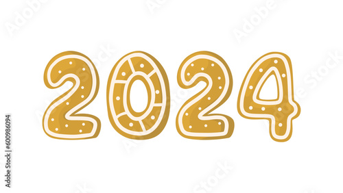  2024 New Year Christmas ginger cookies lettering. Vector hand drawn illustration. 