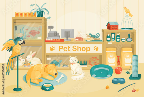 Pet shop indoors. Pet store interior. Vector cartoon illustration. 