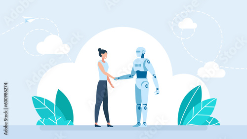 Ai robot and businesswoman handshake together. Partnership with AI. Artificial Intelligence Robot and Woman Character Shaking Hands. Cooperation with Artificial Intelligence. Vector illustration