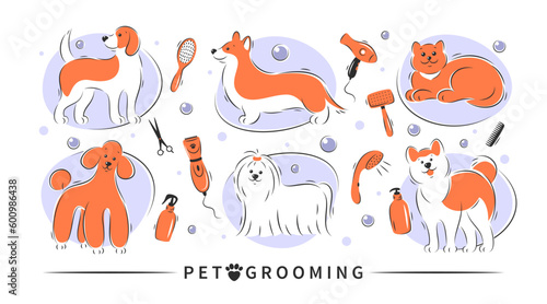 Pet grooming. Dog and cat beauty grooming salon, haircuts, bathing, care hair of pet. Vector illustration.