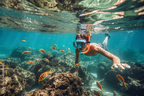 Obraz na plátne Boy snorkeling in a transparent ocean watching colorful fish